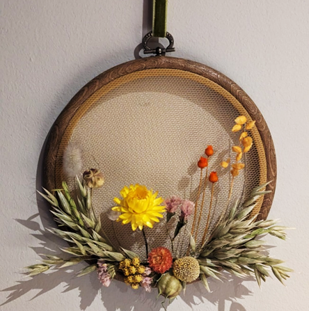 Embroidery Hoop with a scene made from dried flowers